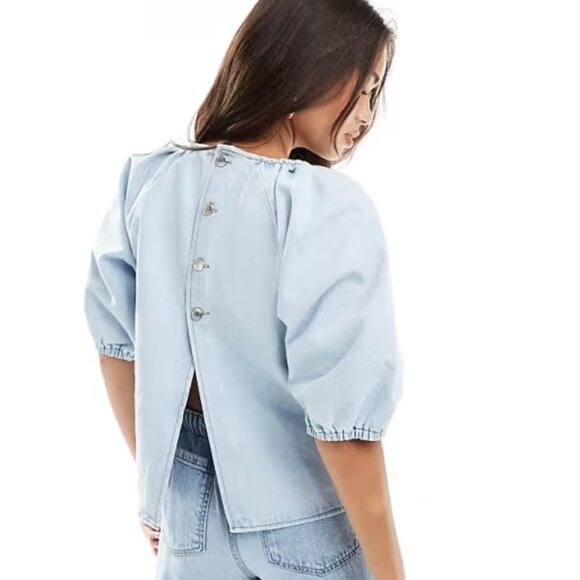 NWT ASOS DESIGN denim raglan puff sleeve top in bleach - Picture 4 of 4